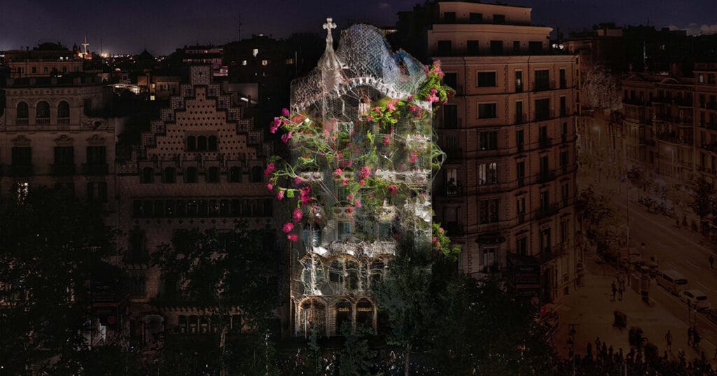 quayola reimagines gaudi’s casa batlló facade with swaying digital arboreal forms