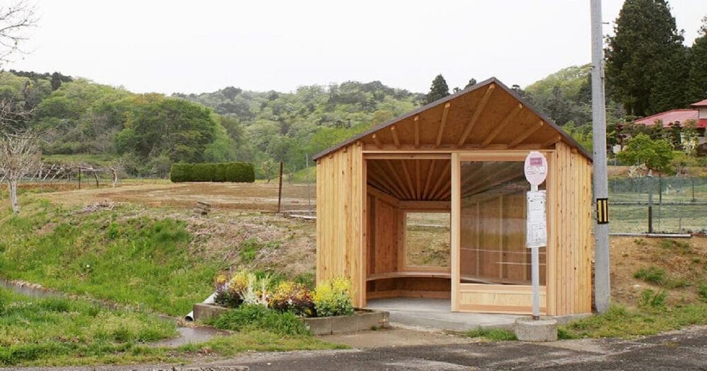 fan-shaped bus stop by ginga architects welcomes schoolchildren in rural japan