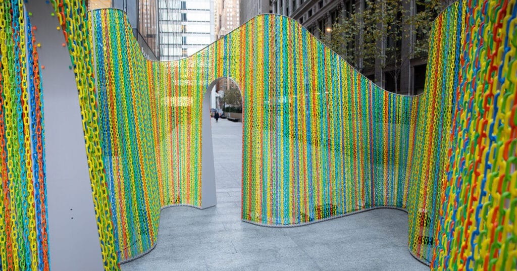 fluorescent wish ribbons coat hou de sousa’s interactive pavilion in new york