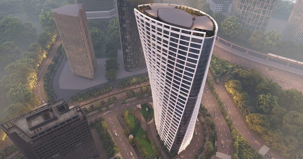 twisting office tower by ini design studio rises over tech city in india