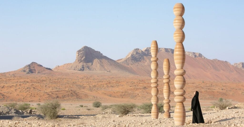 karim + elias’ desert relics installation rises like totems in UAE