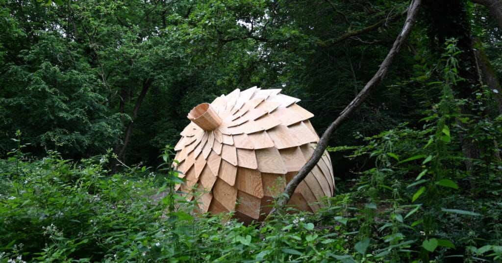 LFZ studio’s giant wooden acorn is a meditative pod in france forest