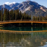 nancy pauw pedestrian bridge’s timber arch spans over bow river in canada