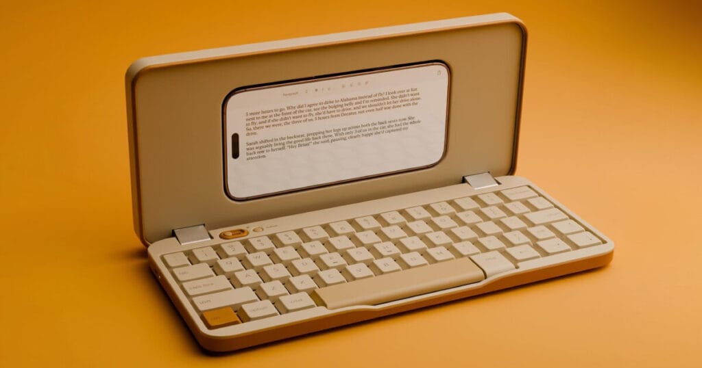 clamshell keyboard turns iPhone and samsung galaxy into laptops