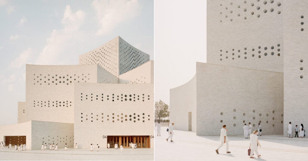 sequence of curved white marble volumes shape serie architects’ ashram auditorium in india
