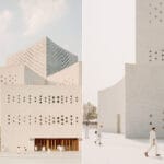 sequence of curved white marble volumes shape serie architects’ ashram auditorium in india