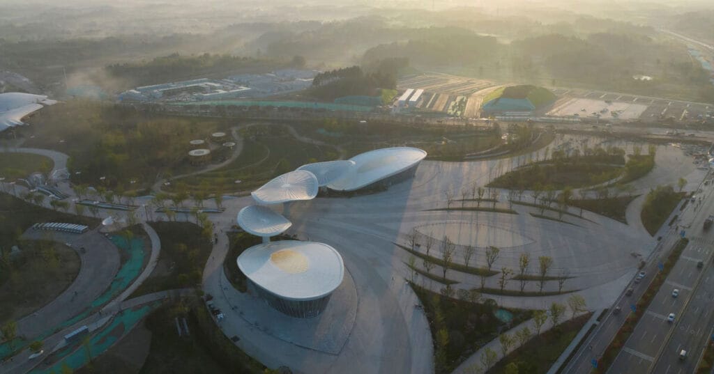 biomimetic canopies sculpt hibiscus for chengdu international horticultural expo