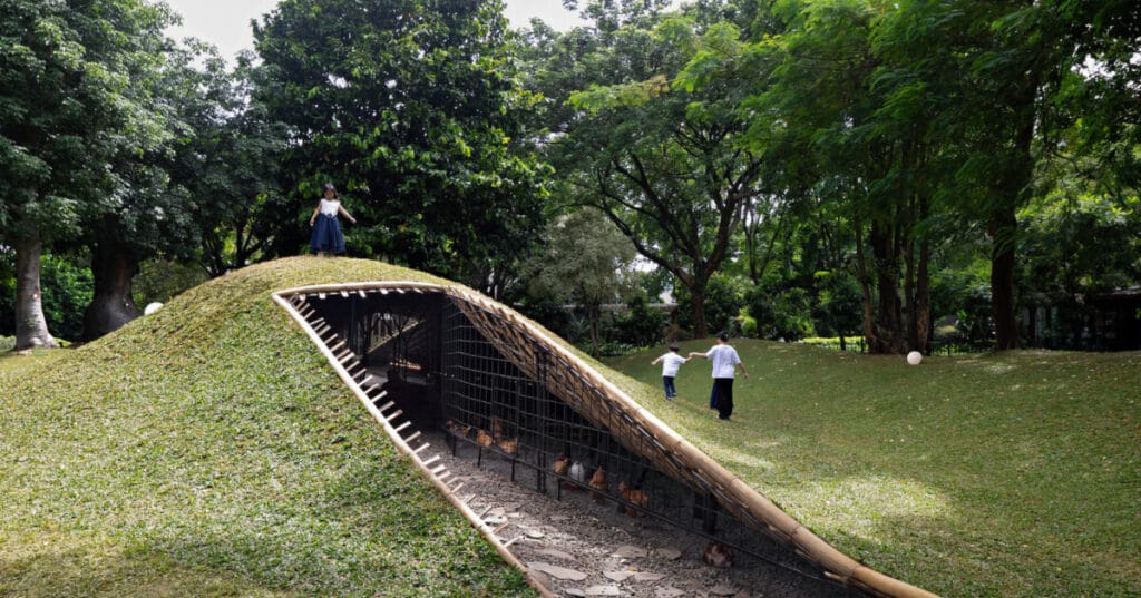 bamboo encloses chicken coop pavilion in jakarta park by RAD+ar