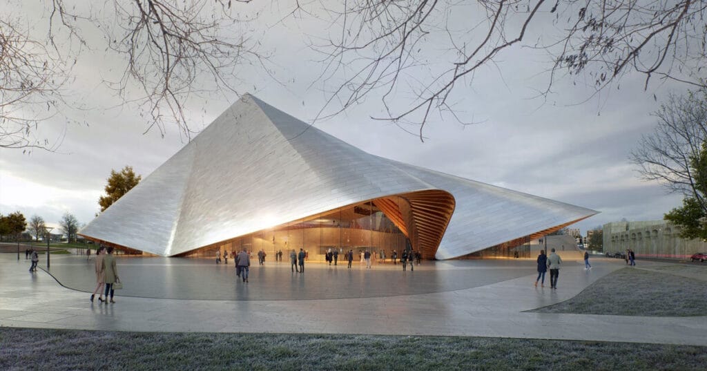 bjarke ingels group drapes undulating roof over opera theater of kosovo