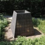 linen-covered pinewood frame forms pyramidal water shelter by p + s