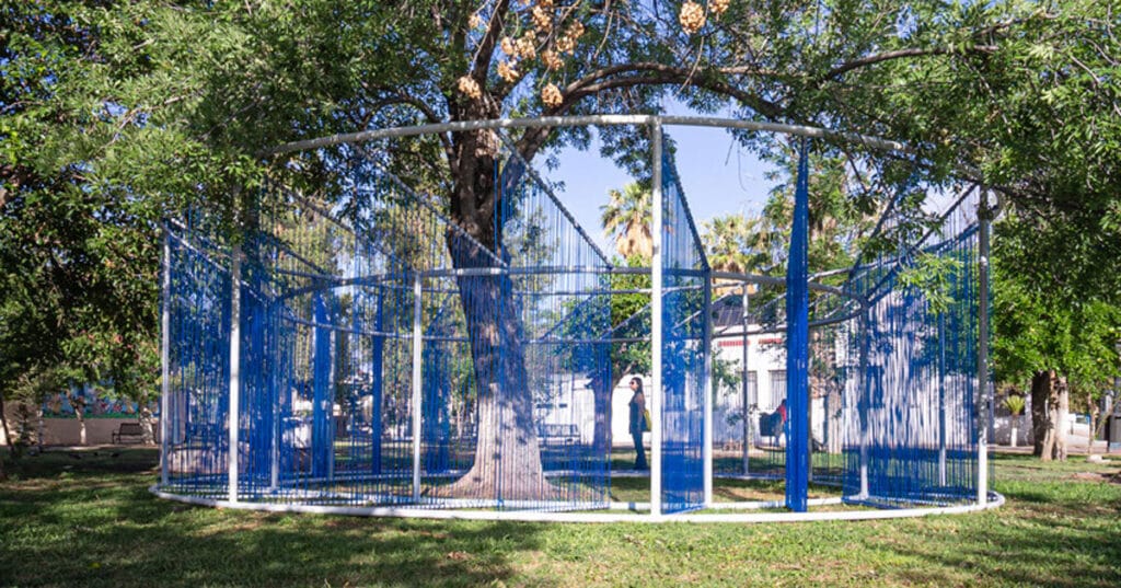 recycled PVC cords interweave around plup pavilion in the chihuahua desert