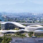 aluminum skin envelops curved exhibition center and hotel by POA