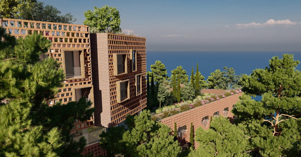 earth-toned brick facade envelops hotel by davide macullo architects in albania