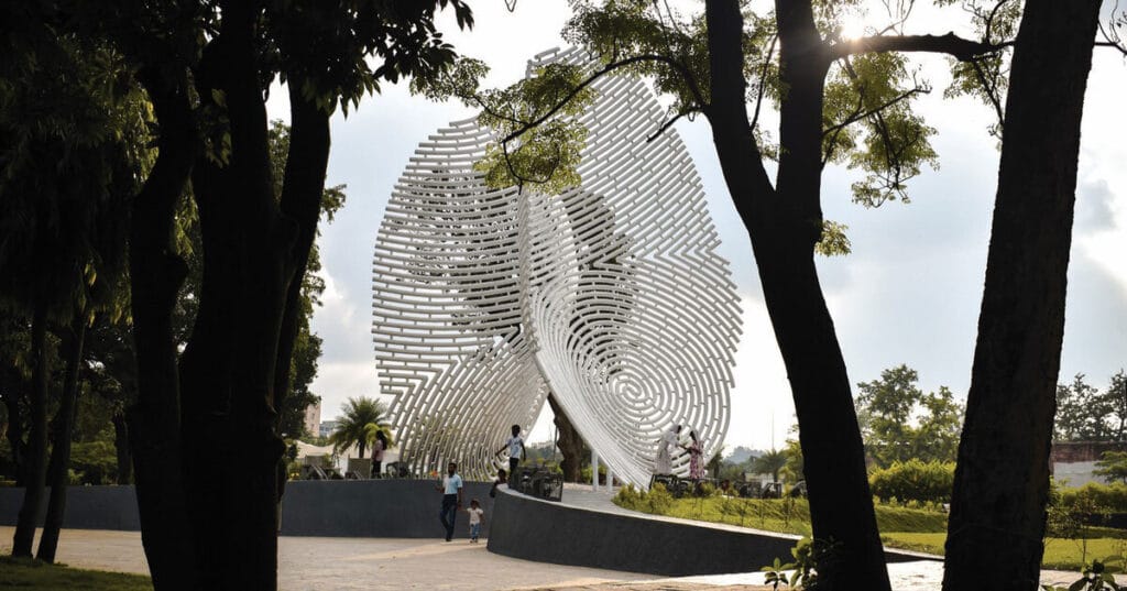 sculptural steel installation shapes touching fingerprint ridges