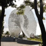 sculptural steel installation shapes touching fingerprint ridges